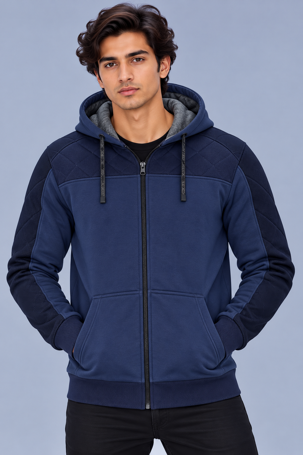 Men’s Navy Blue Zip-Up Hoodie with Quilted Shoulder & Sleeve Panels-MU293