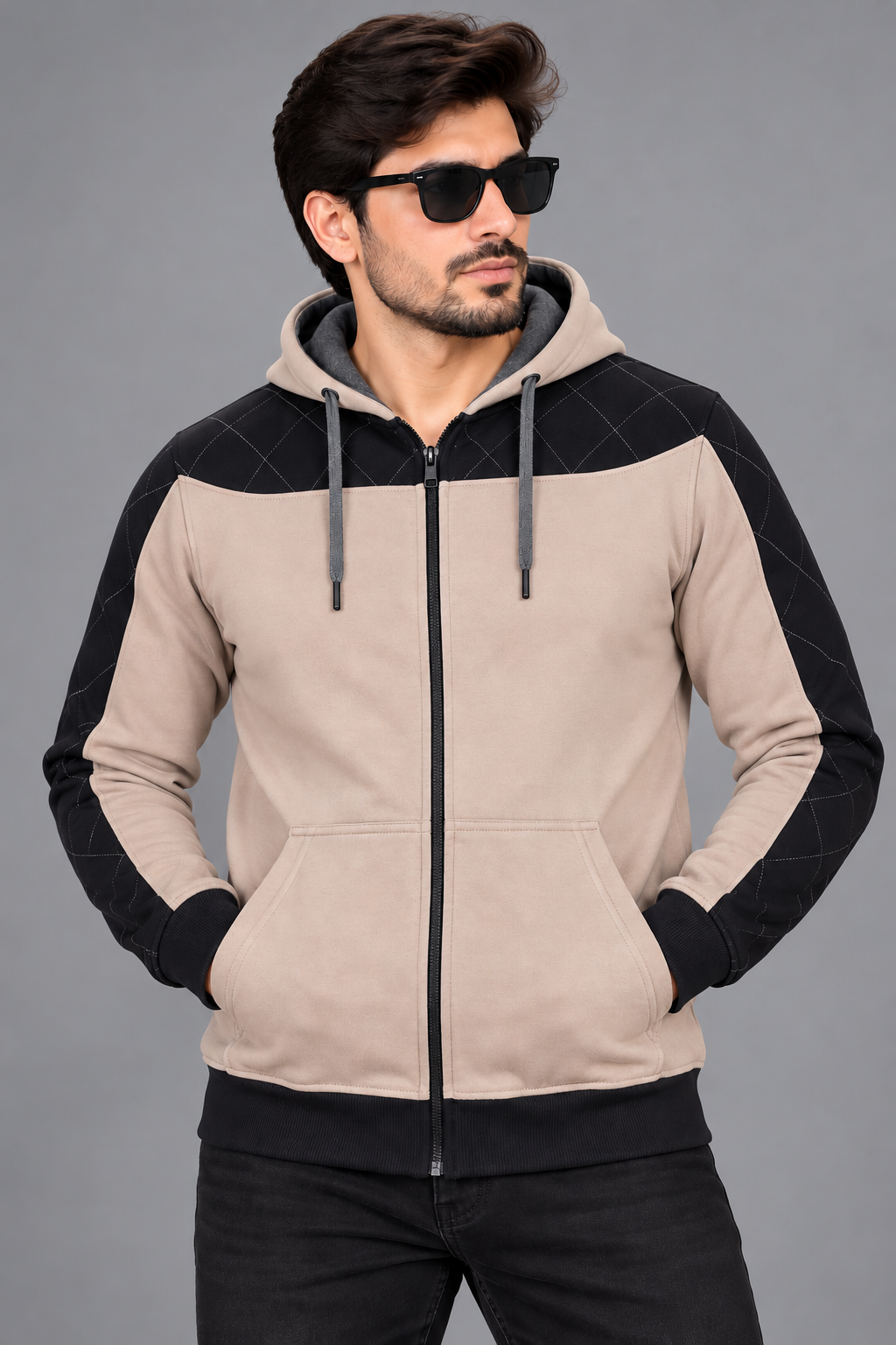 Men’s Beige & Black Quilted Panel Zip-Up Hoodie – Stylish Winter Jacket-MU299