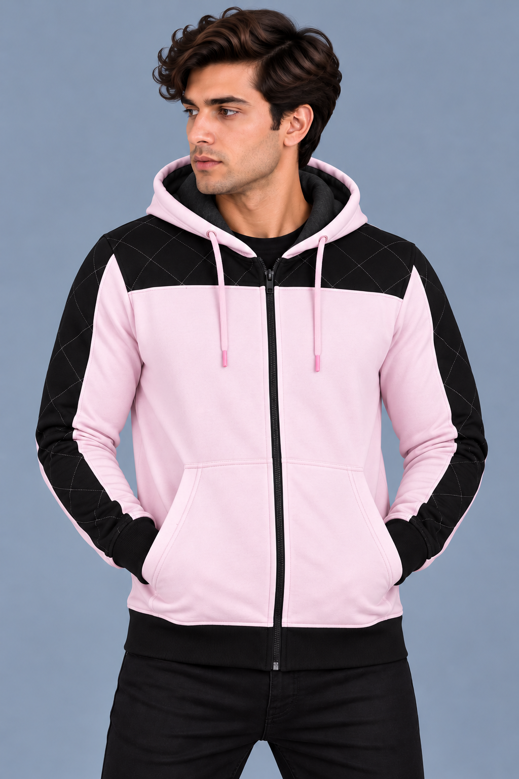 Men’s Light Pink Hoodie with Black Quilted Shoulder & Sleeve Panels-MU313