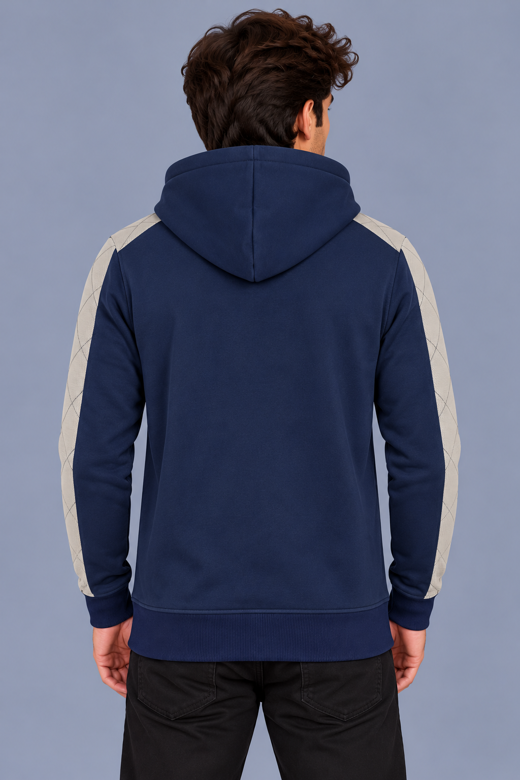 Men’s Navy Blue Hoodie with Beige Quilted Shoulder & Sleeve Panels – Back View-MU306