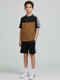 Ads Summer T Shirt & Short Suit For Kids-Golden with Black & White, Navy Stripe-BE3276/BR15714