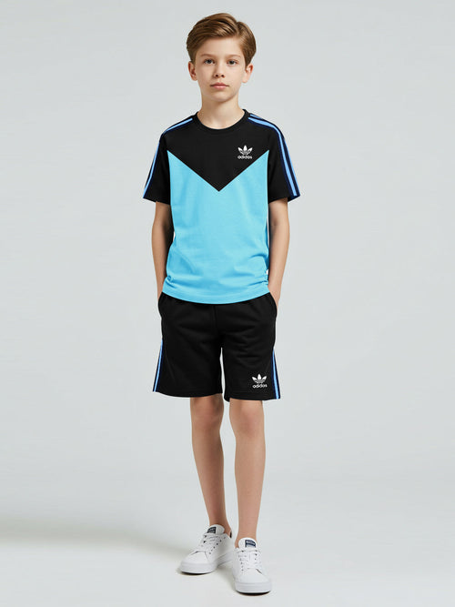 Ads Summer T Shirt & Short Suit For Kids-Sky Blue with Black & Blue, Sky Stripe-BE3302/BR15740