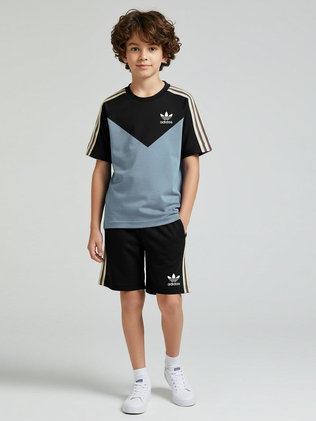 Ads Summer T Shirt & Short Suit For Kids-Bond Blue with Black & Brown, Skin Stripe-BE3303/BR15741