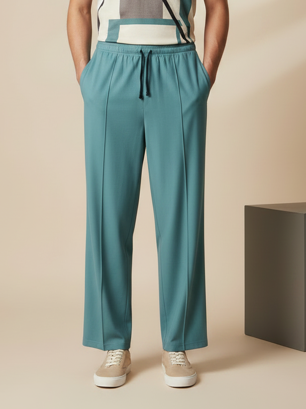 Stylish Tale Blue Wide-Leg Pleated Summer Lycra Trousers For Men-NST13