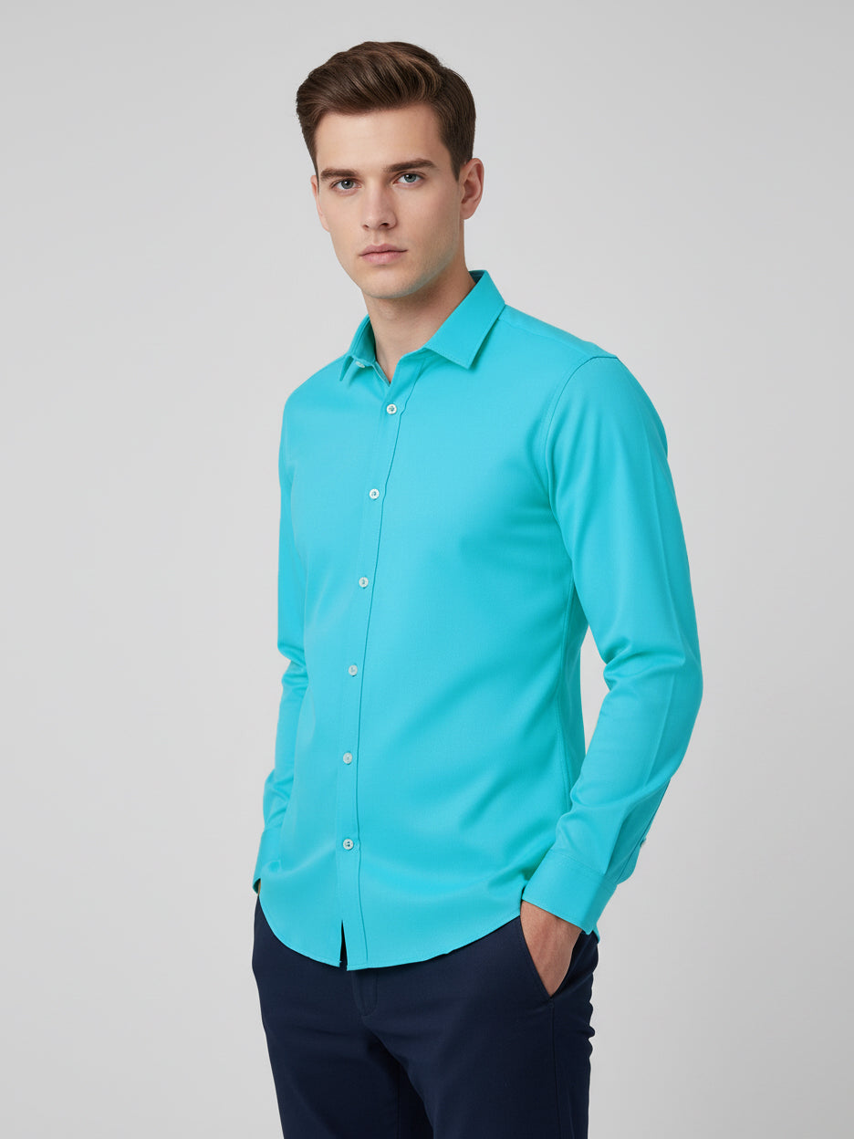 Rawgear 4 Side Lycra Slim Fit Long Sleeve Casual Shirt For Men-Cyan Blue-RG15