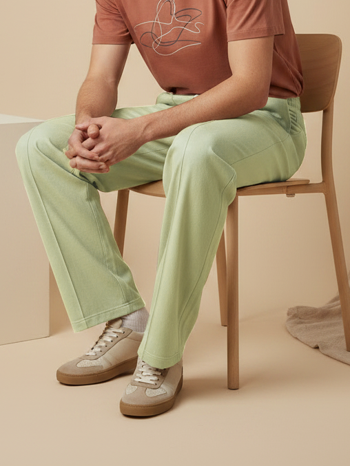 Stylish Sage Green Wide-Leg Pleated Summer Lycra Trousers For Men-NST12