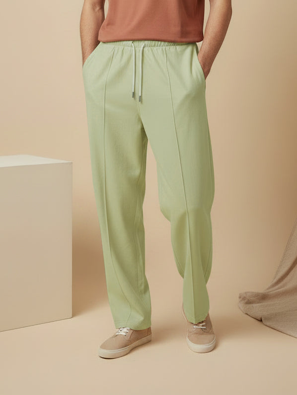 Stylish Sage Green Wide-Leg Pleated Summer Lycra Trousers For Men-NST12