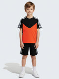 Summer T Shirt & Short Suit For Kids-Orange with Black & White,Navy Stripe-BE3308/BR15746