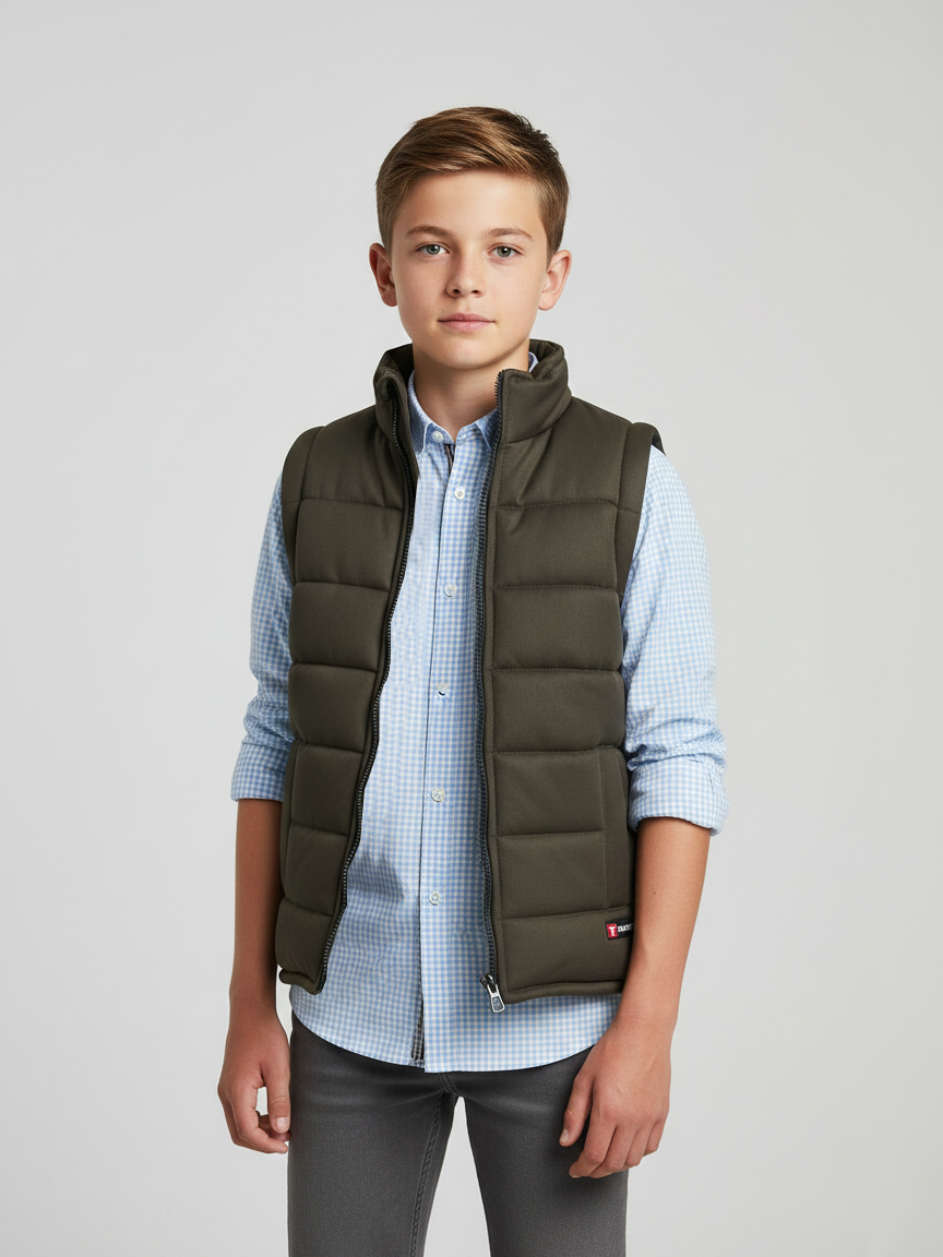Stylish Sleeveless Winter Zipper Mockneck Jacket For Kids-Chocolate-RSJ04