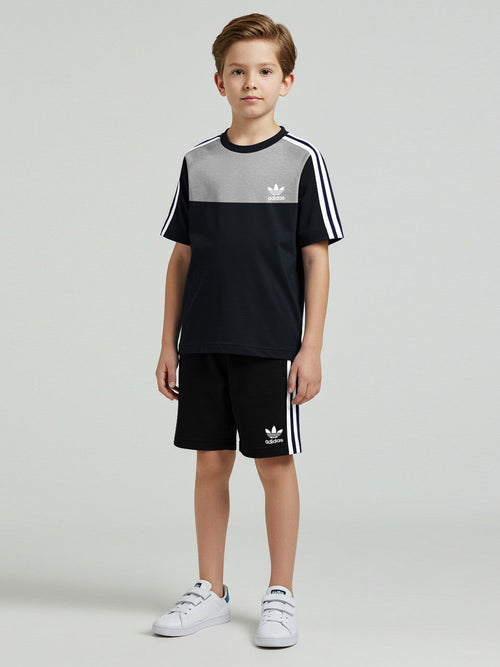 Ads Summer T Shirt & Short Suit For Kids-Navy with Black & White, Navy Stripe-BE3277/BR15715