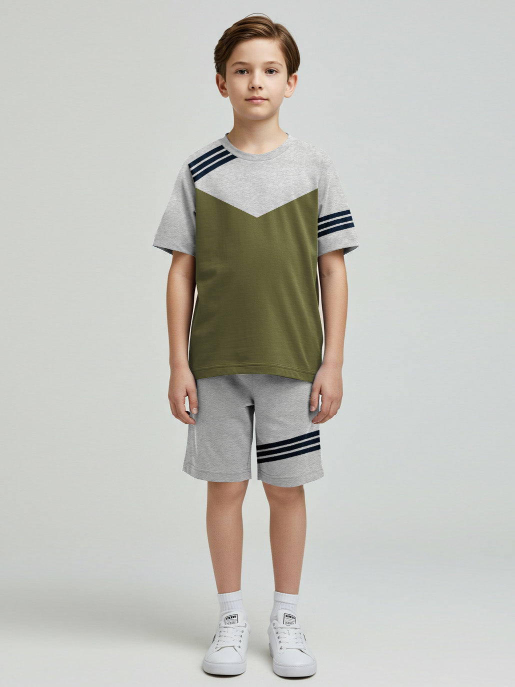 Summer T Shirt & Short Suit For Kids-Olive Green with Grey Melange & Navy Stripe-BE3305/BR15743