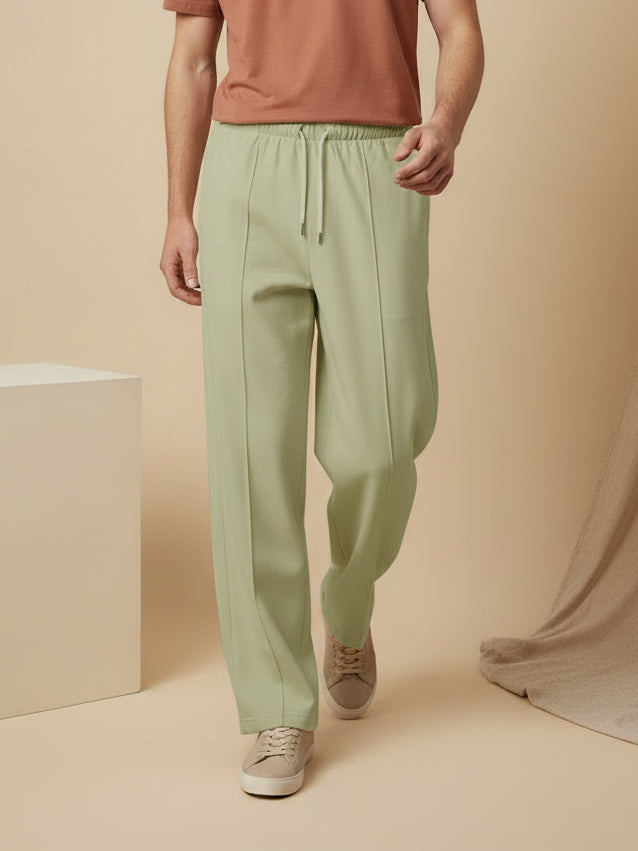 Stylish Sage Green Wide-Leg Pleated Summer Lycra Trousers For Men-NST12