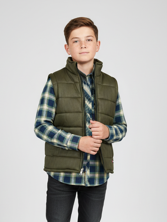 Stylish Sleeveless Winter Zipper Mockneck Jacket For Kids-Olive Green-RSJ07