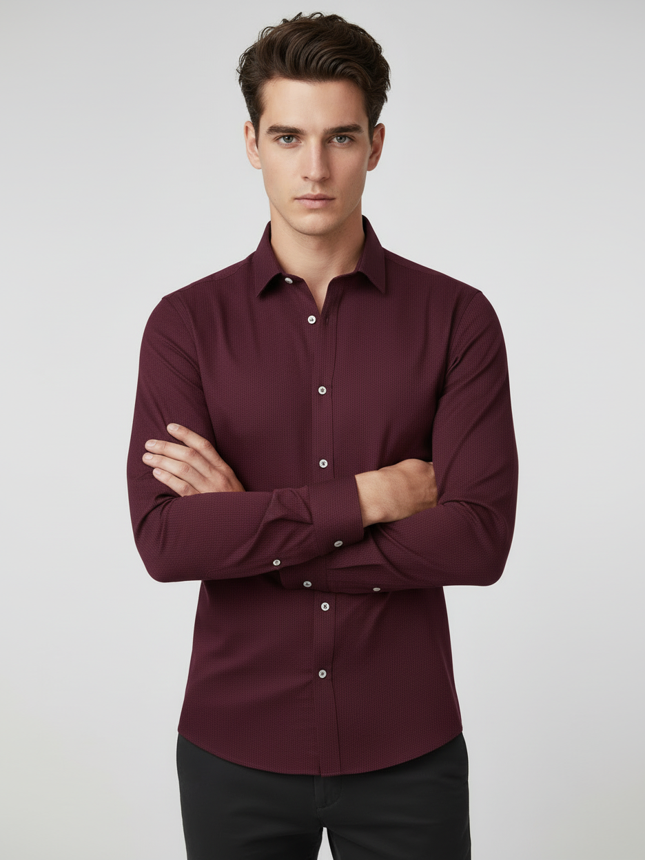 Rawgear 4 Side Lycra Slim Fit Long Sleeve Casual Shirt For Men-Dark Burgundy With Subtle Texture-RG09