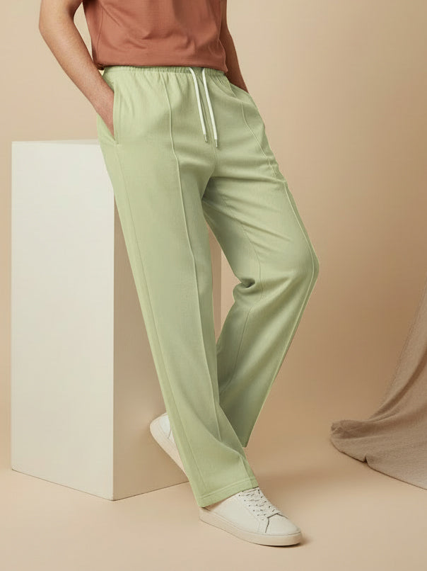 Stylish Sage Green Wide-Leg Pleated Summer Lycra Trousers For Men-NST12