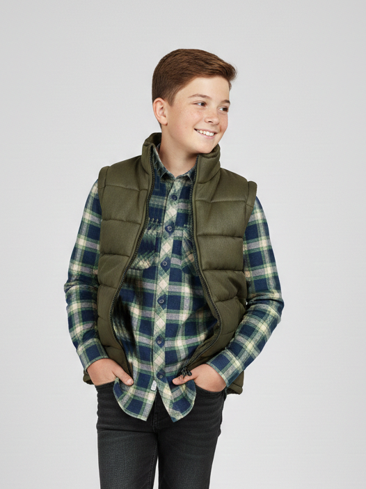 Stylish Sleeveless Winter Zipper Mockneck Jacket For Kids-Olive Green-RSJ07