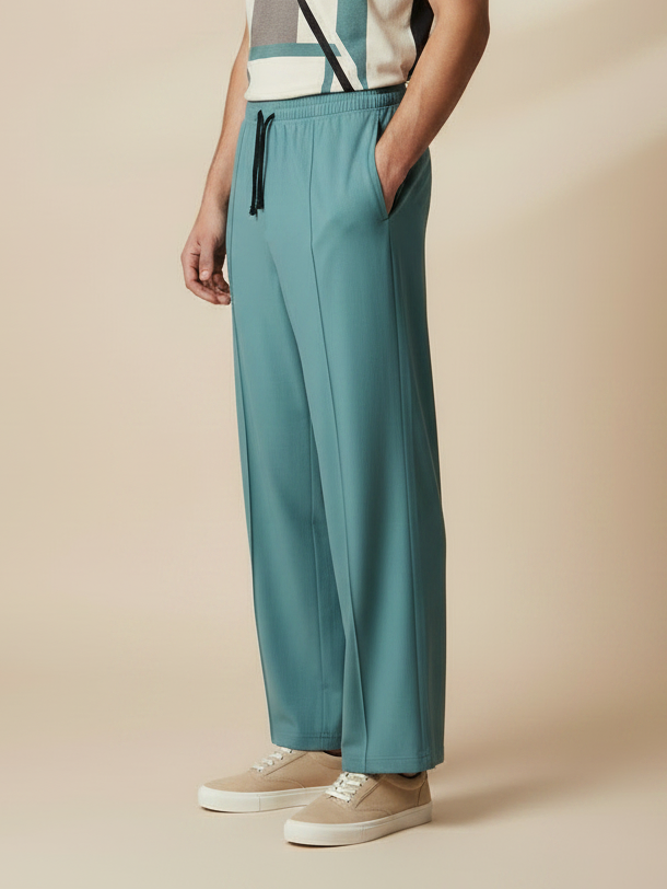 Stylish Tale Blue Wide-Leg Pleated Summer Lycra Trousers For Men-NST13