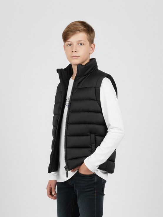 Stylish Sleeveless Winter Zipper Mockneck Jacket For Kids-Black-RSJ02