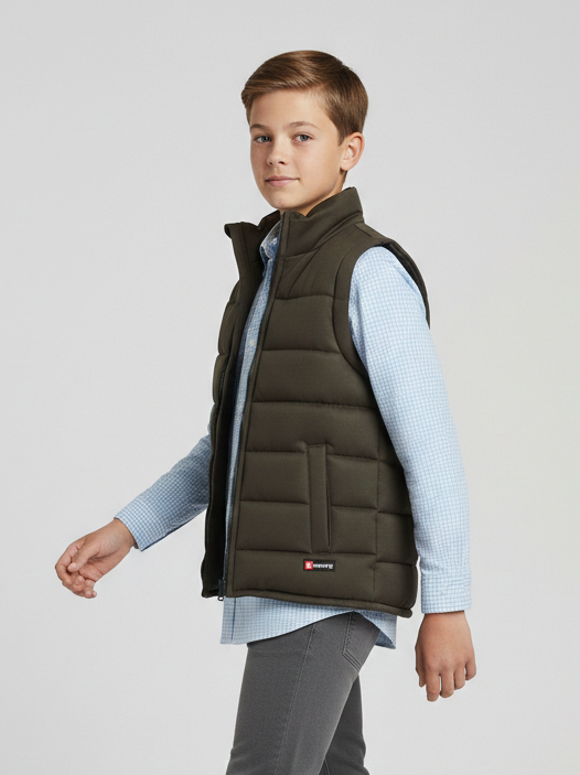 Stylish Sleeveless Winter Zipper Mockneck Jacket For Kids-Chocolate-RSJ04