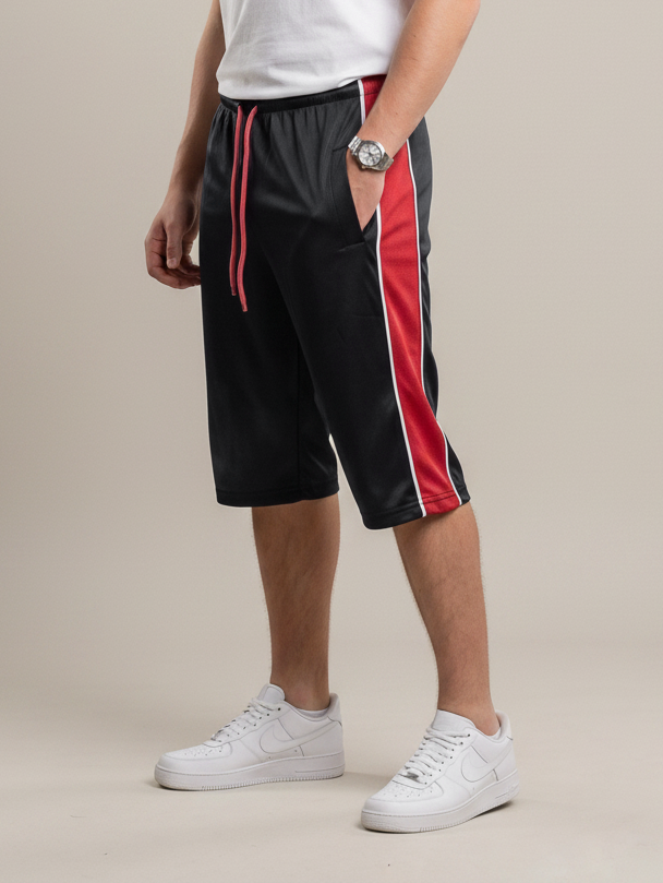 Stylish Knee Length Short For Men-Black With Red Stripe-BE6095