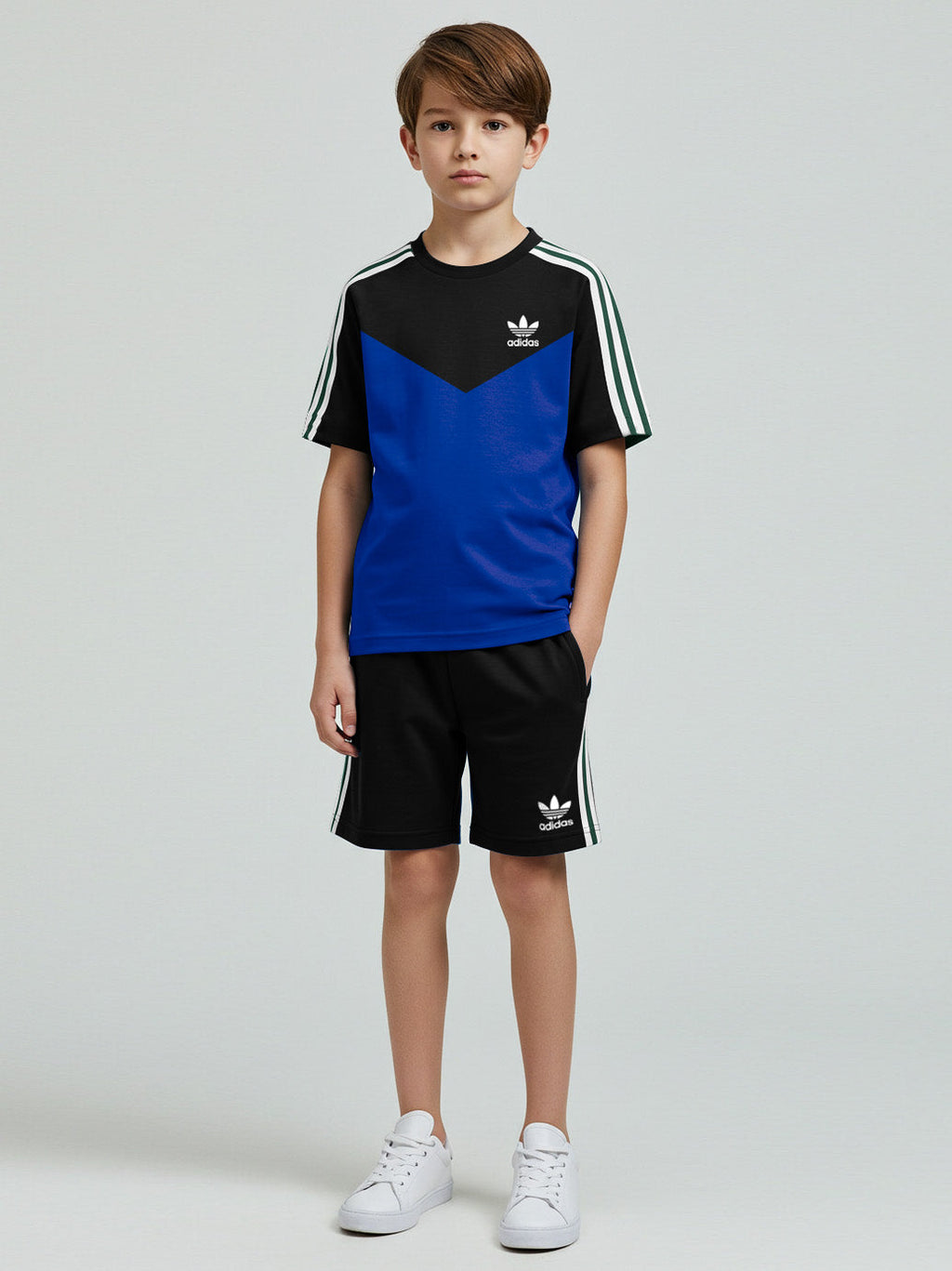 Ads Summer T Shirt & Short Suit For Kids-Blue with Black & White, Green Stripe-BE3295/BR15733