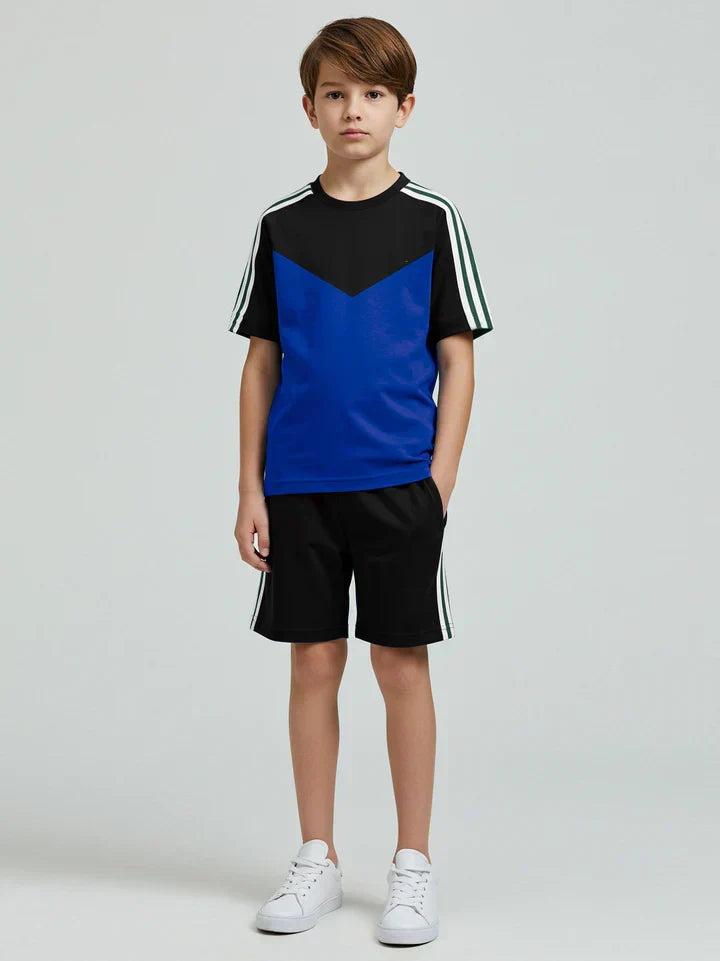Ads Summer T Shirt & Short Suit For Kids-Blue with Black & White, Green Stripe-BE3295/BR15733