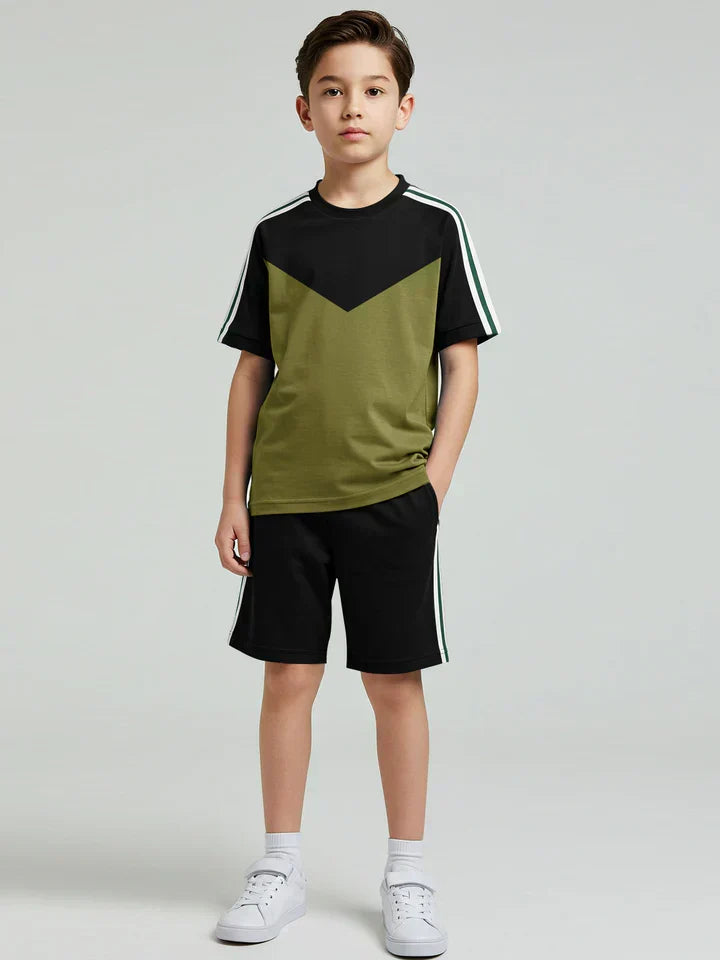 Ads Summer T Shirt & Short Suit For Kids-Light Olive with Black & White, Green Stripe-BE3294/BR15732