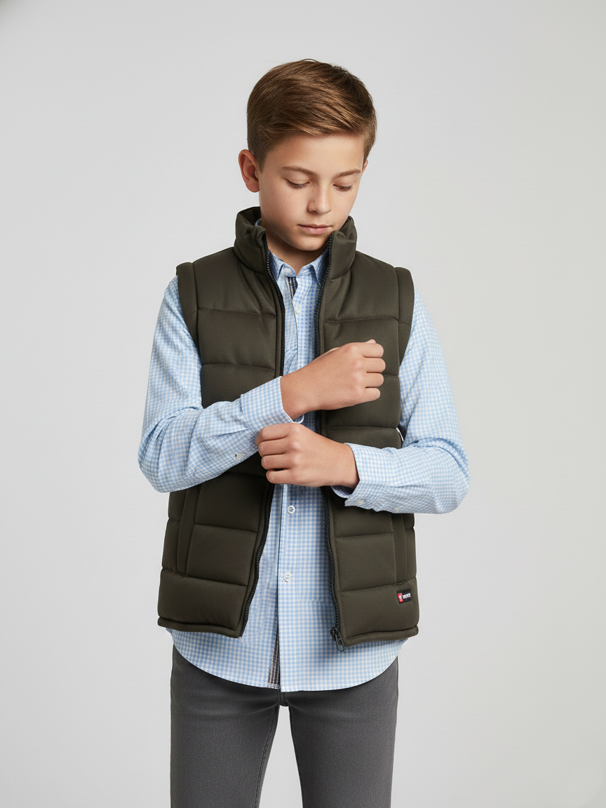 Stylish Sleeveless Winter Zipper Mockneck Jacket For Kids-Chocolate-RSJ04