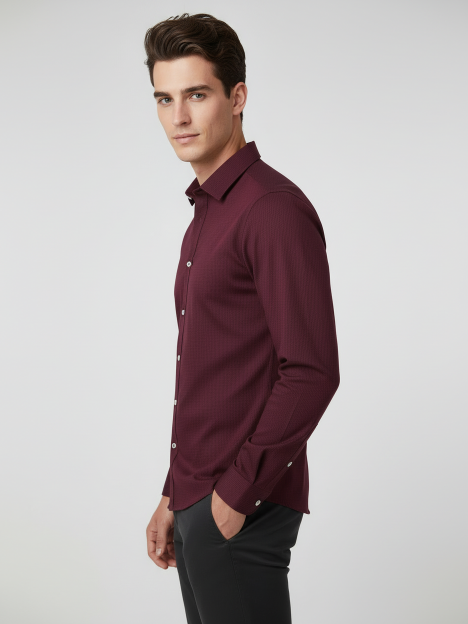 Rawgear 4 Side Lycra Slim Fit Long Sleeve Casual Shirt For Men-Dark Burgundy With Subtle Texture-RG09