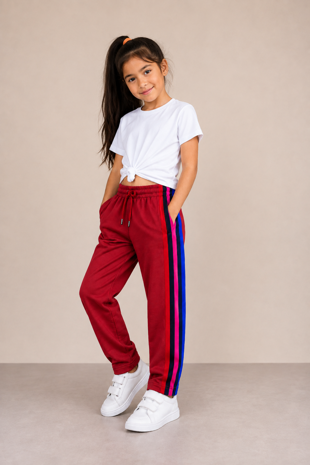 Premium Kids Lycra Trousers Dark red with  ,Side panal Stripe p8