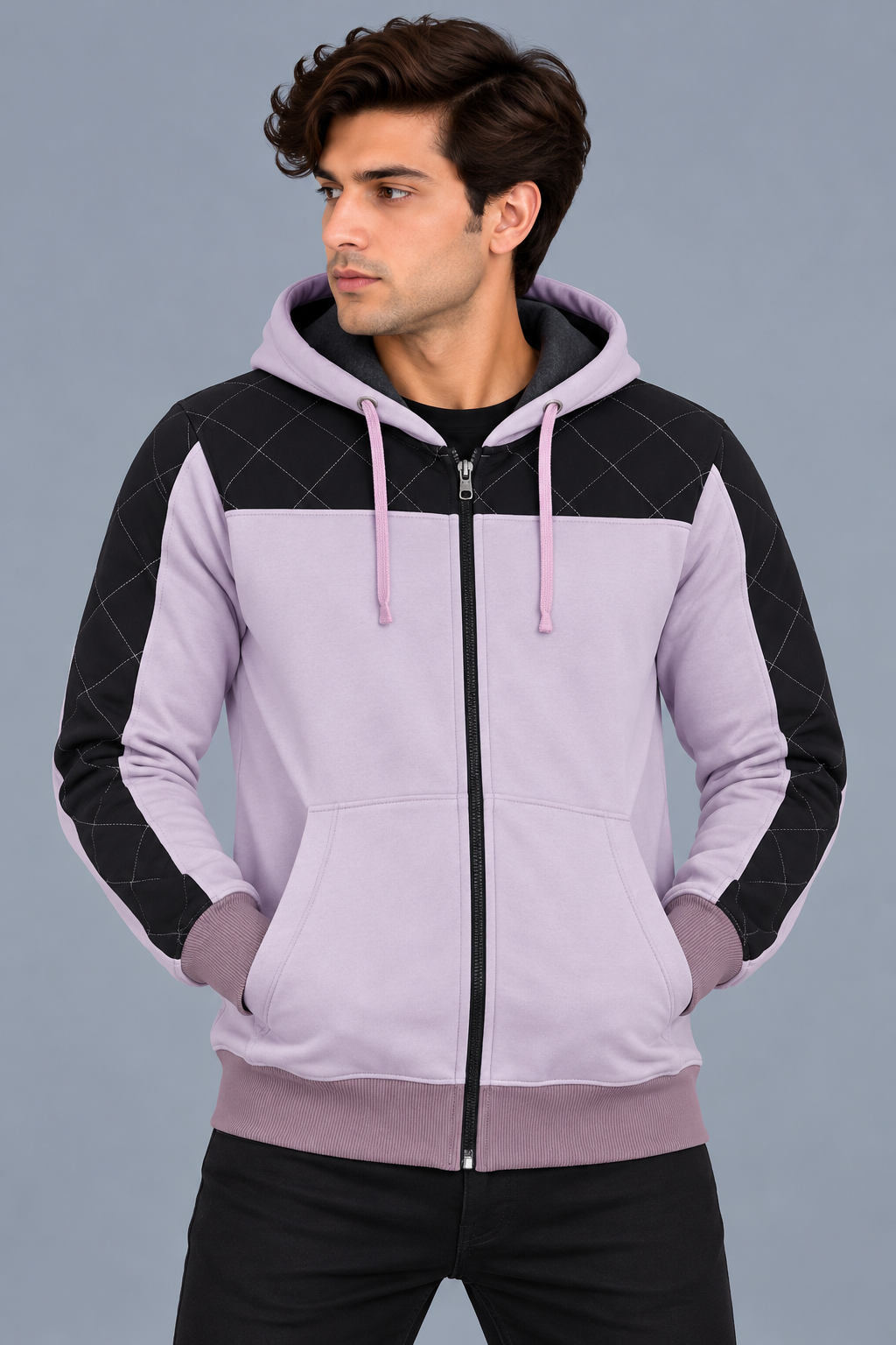 Men’s Light Lavender Hoodie with Black Quilted Shoulder & Sleeve Panels-MU314