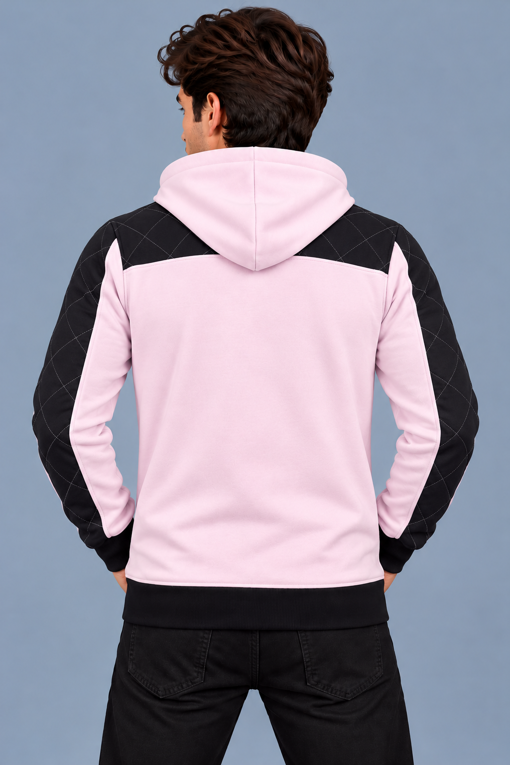Men’s Light Pink Hoodie with Black Quilted Shoulder & Sleeve Panels-MU313