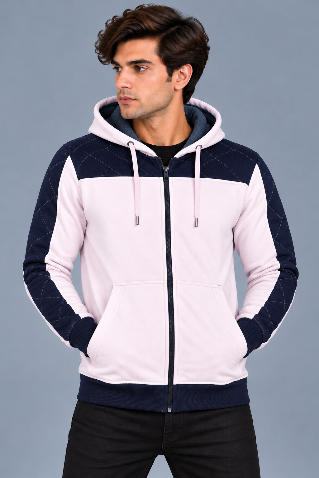 Men’s Navy Blue & Light Pink Contrast Panel Zipper Hoodie – Stylish Winter Wear-MU312