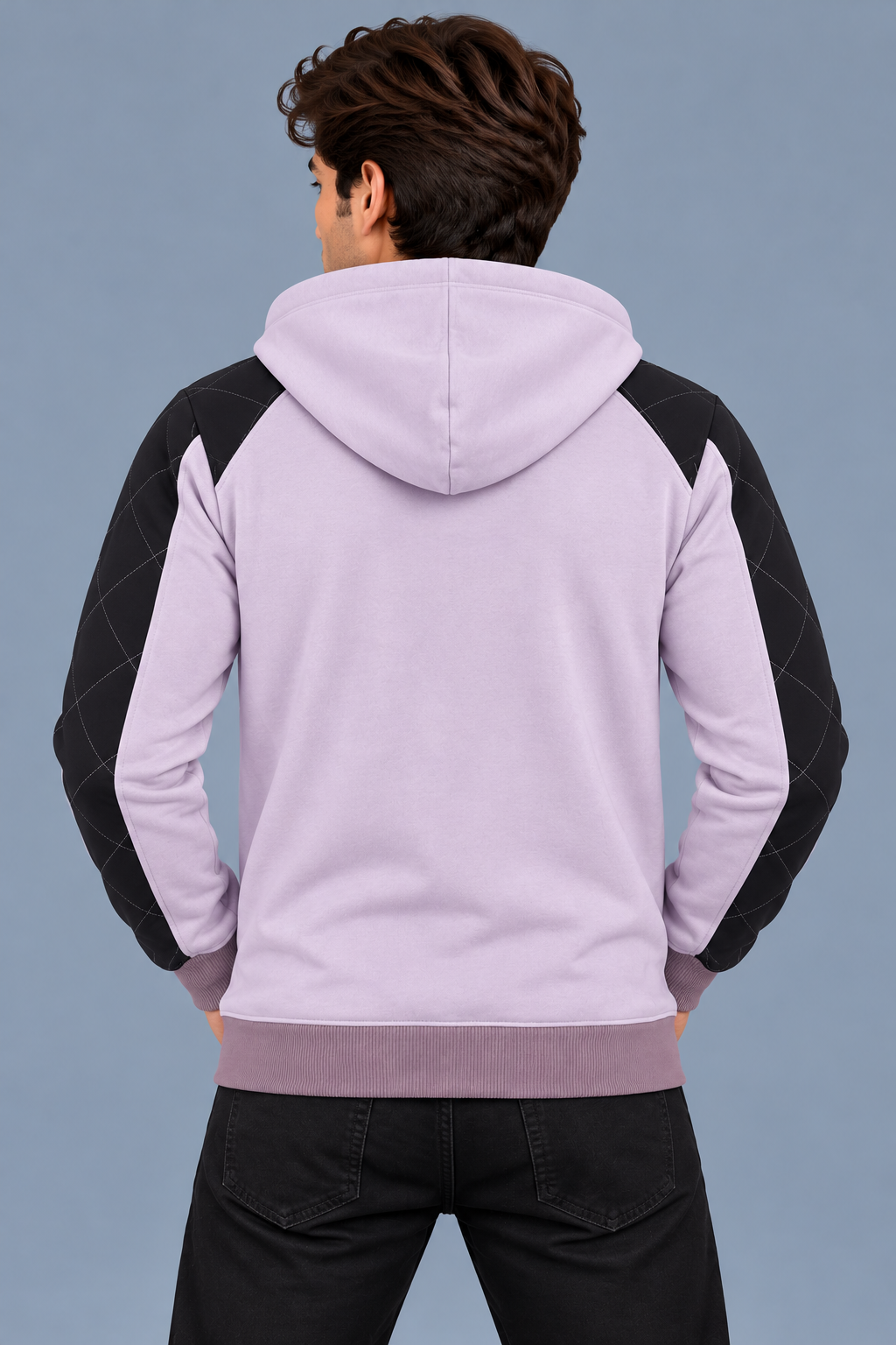 Men’s Light Lavender Hoodie with Black Quilted Shoulder & Sleeve Panels-MU314