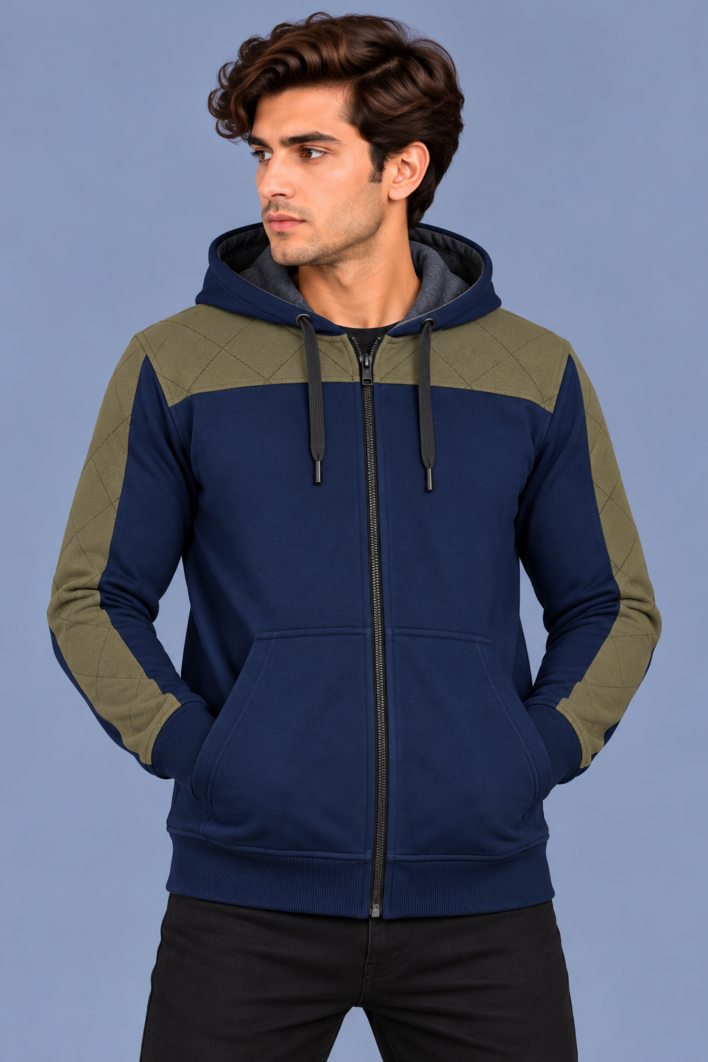 Men’s Navy Blue Hoodie with Olive Green Quilted Shoulder & Sleeve Panels-MU308