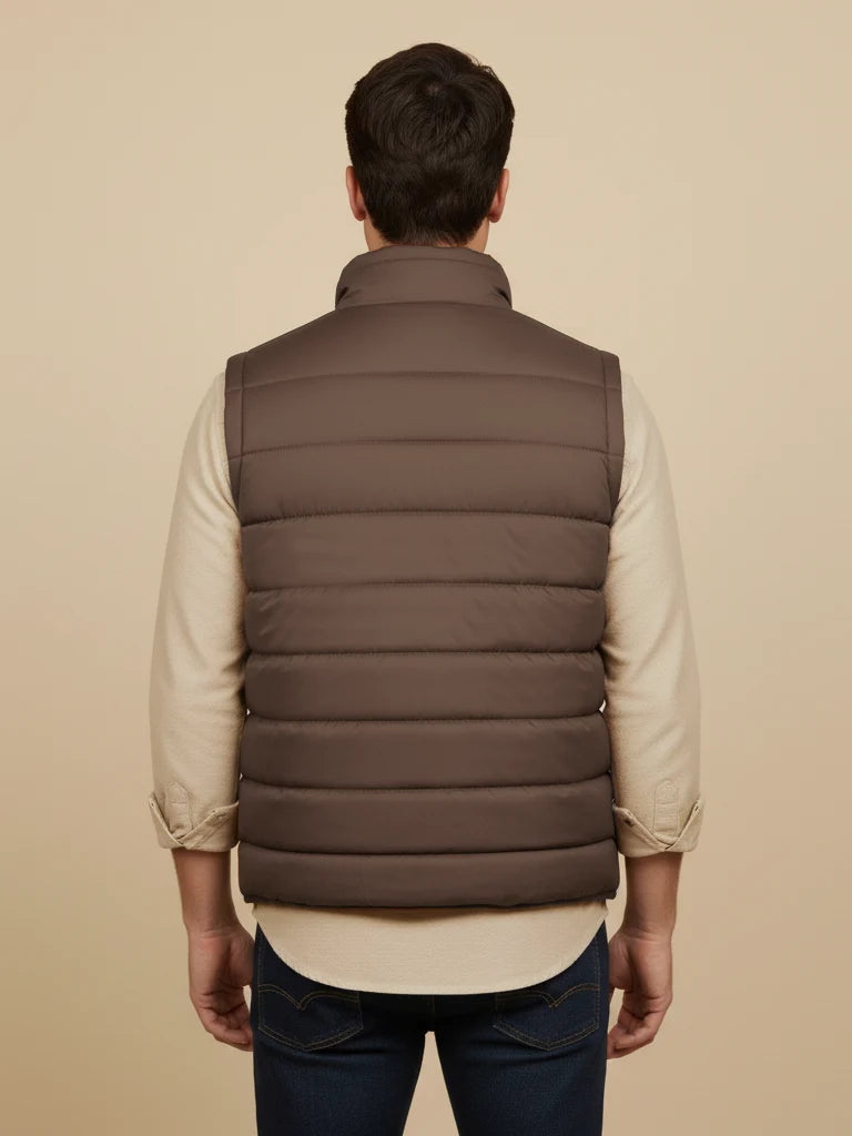 Stylish Puffer Sleeveless Zipper Mockneck Jacket For Men-Chocolate-BRPH23