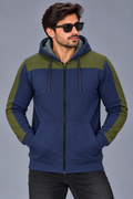 Men’s Navy Blue & Olive Green Quilted Shoulder Panel Zip-Up Hoodie – Stylish Winter Wear-MU304