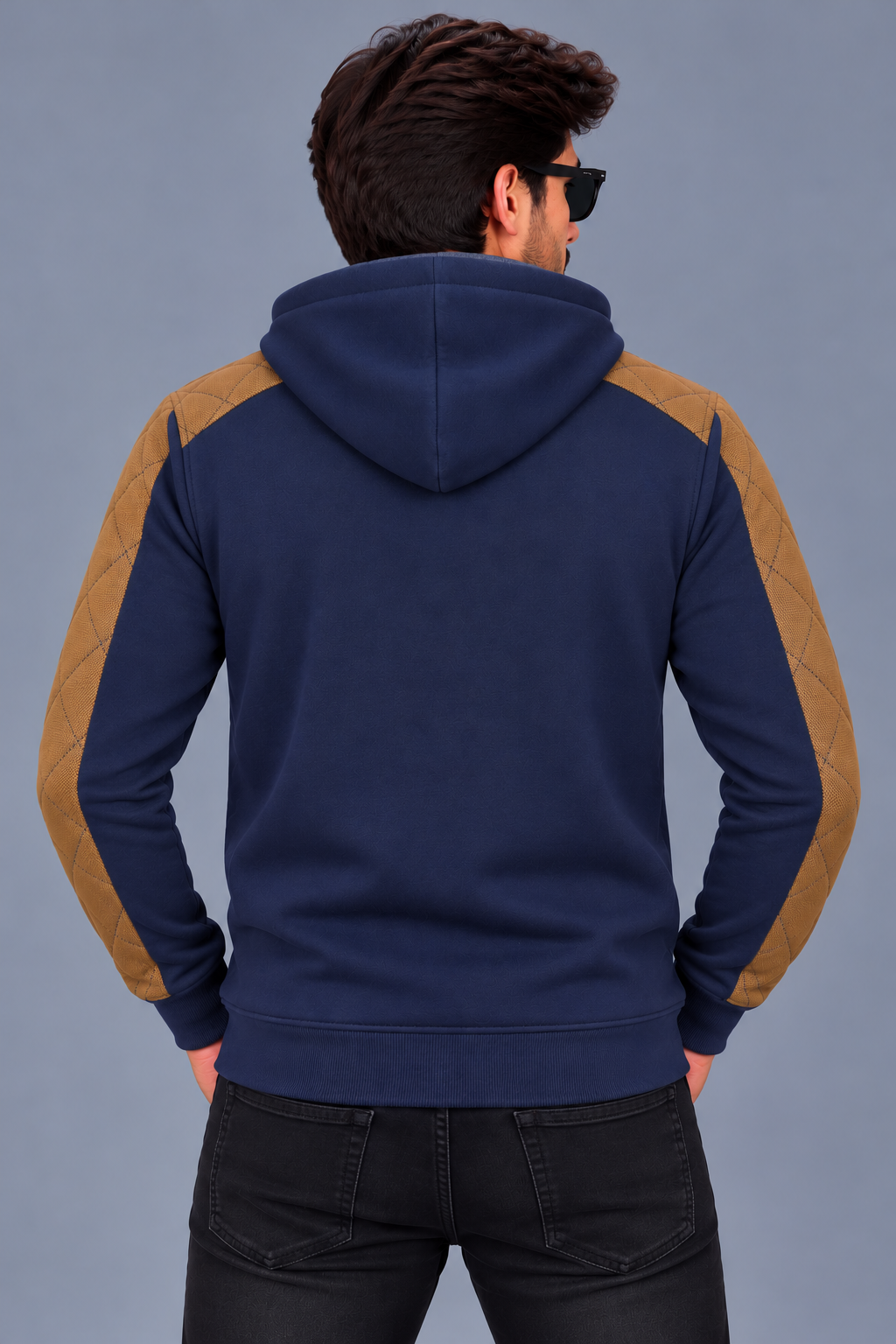 Men’s Navy Blue & Brown Quilted Panel Zip-Up Hoodie – Stylish Winter Wear-MU303