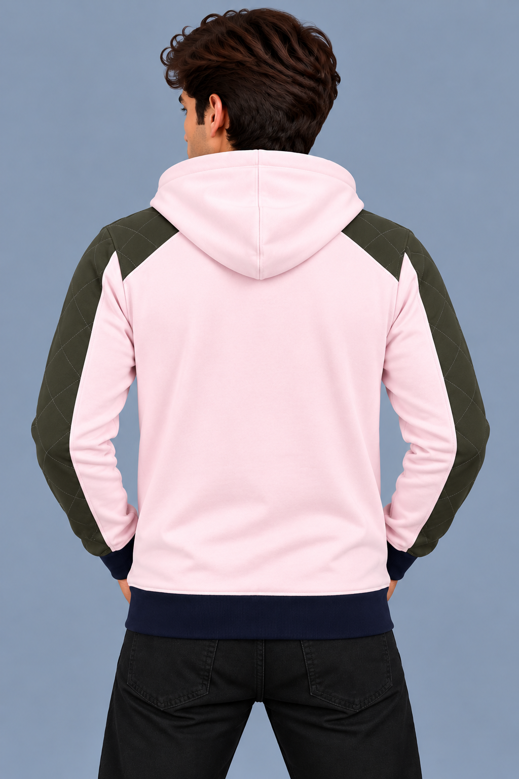 Men’s Light Pink Hoodie with Olive Green Quilted Shoulder & Sleeve Panels-MU315