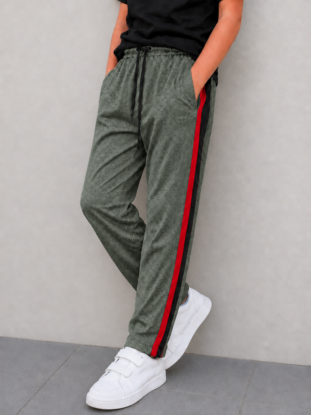 Premium Kids single jersey Trousers Dark Sage Green Melange with ,Side Stripe p17