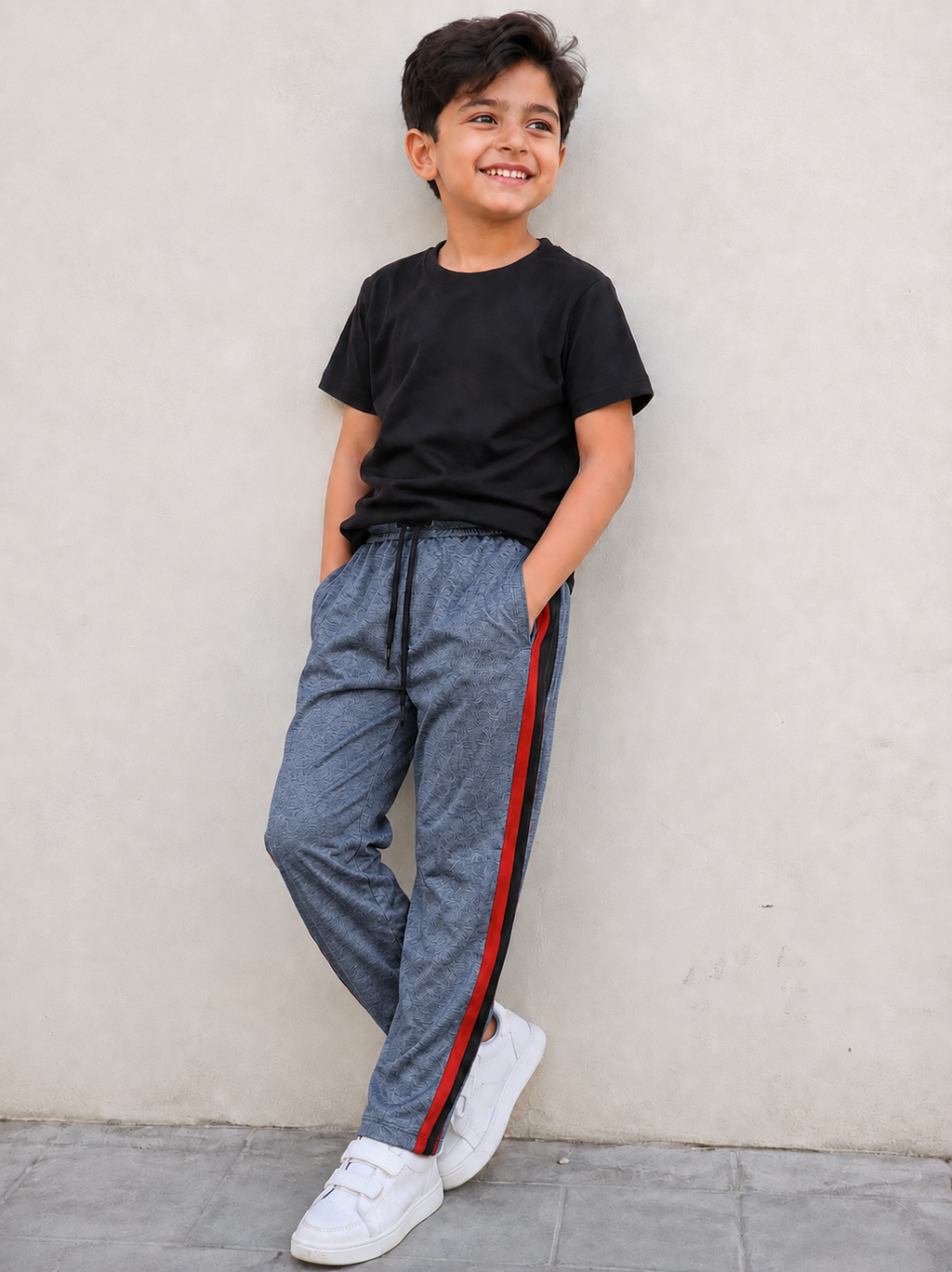 Premium Kids single jersey Trousers Dark grey blue mélange with ,Side Stripe p15