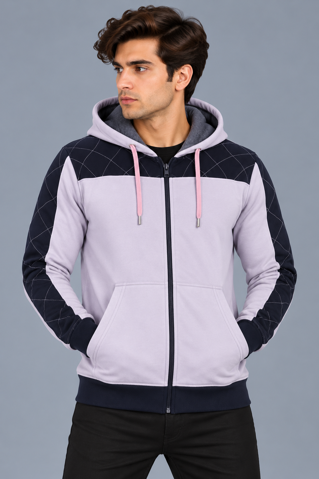 Men’s Light Lavender Hoodie with Black Quilted Shoulder & Sleeve Panels – MU310