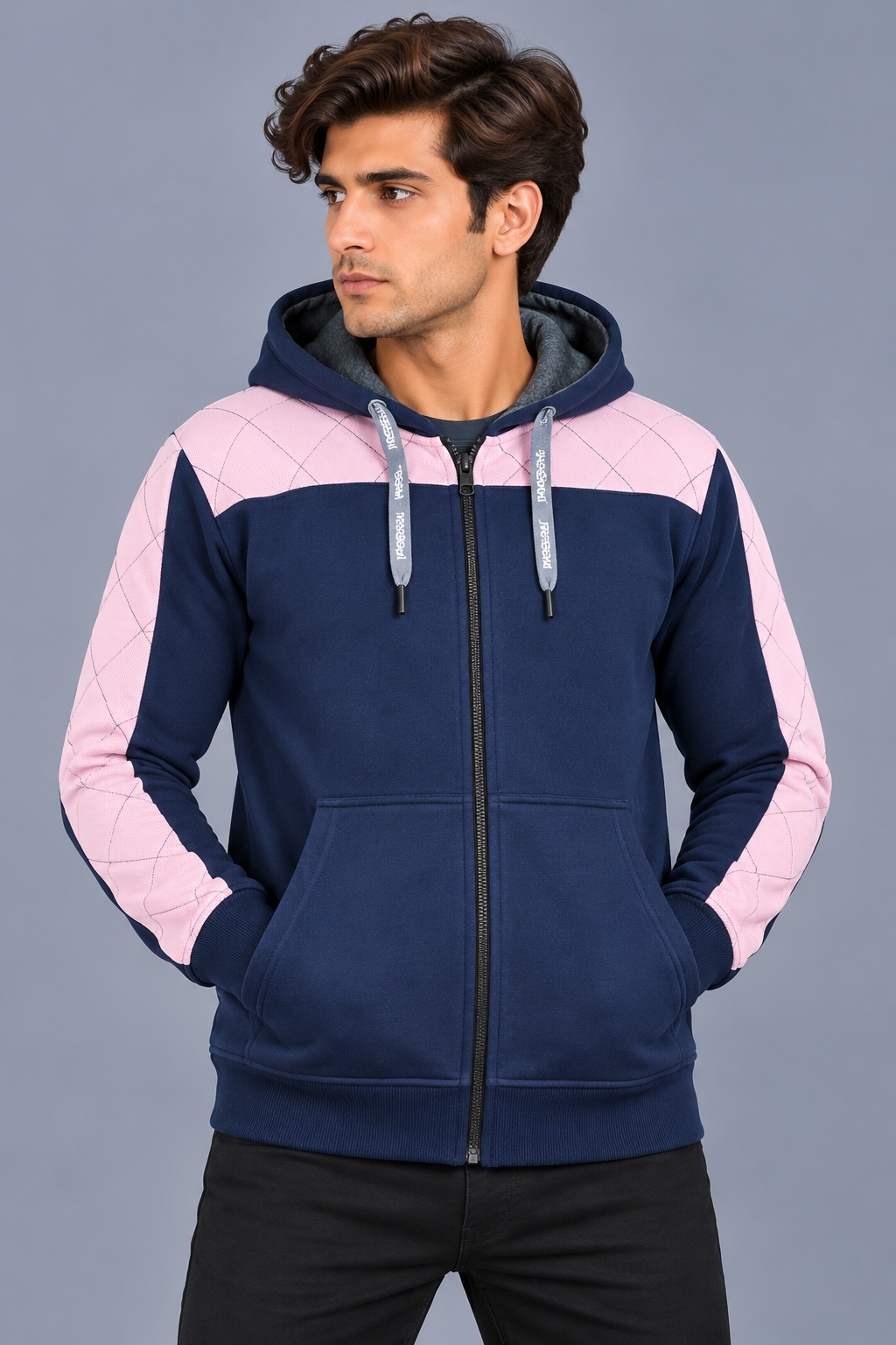 Men’s Navy Blue Hoodie with Pink Quilted Shoulder & Sleeve Panels-MU305
