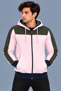 Men’s Light Pink Hoodie with Olive Green Quilted Shoulder & Sleeve Panels-MU315