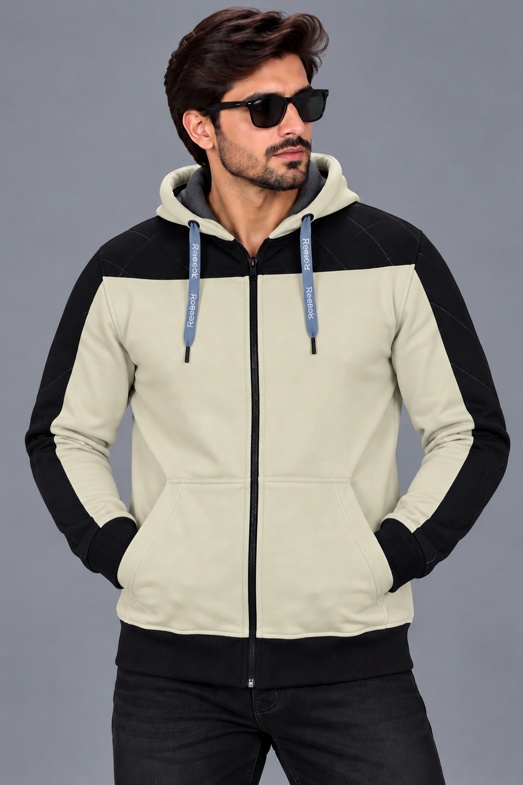 Men’s Ivory & Black Quilted Sleeve Zip-Up Hoodie – Stylish Winter Wear-MU300