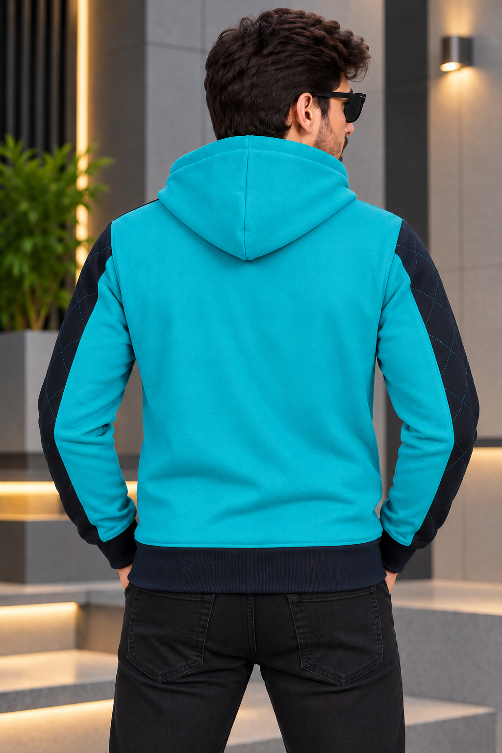 Men’s Teal & Black Quilted Panel Zip-Up Hoodie – Stylish Winter Jacket-MU298