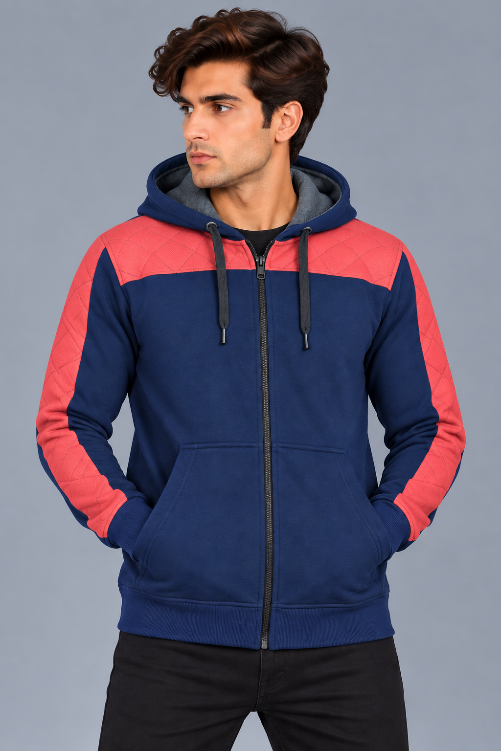 Men’s Navy Blue Hoodie with Coral Red Quilted Shoulder & Sleeve Panels – MU309