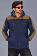 Men’s Navy Blue & Brown Quilted Panel Zip-Up Hoodie – Stylish Winter Wear-MU303