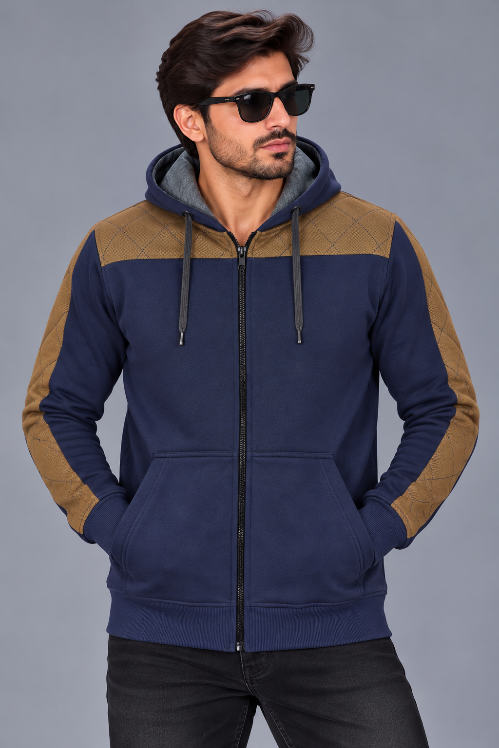 Men’s Navy Blue & Brown Quilted Panel Zip-Up Hoodie – Stylish Winter Wear-MU303