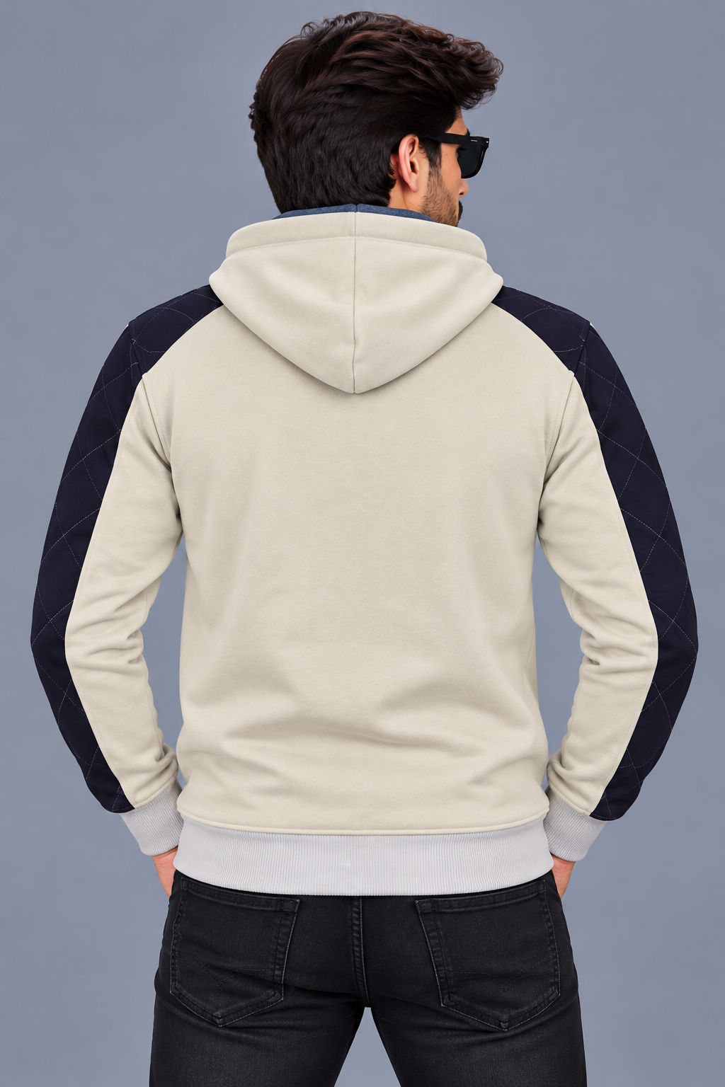 Men’s Cream & Black Quilted Shoulder Zip-Up Hoodie with White Ribbed Cuffs & Waist – Stylish Winter Wear-MU302